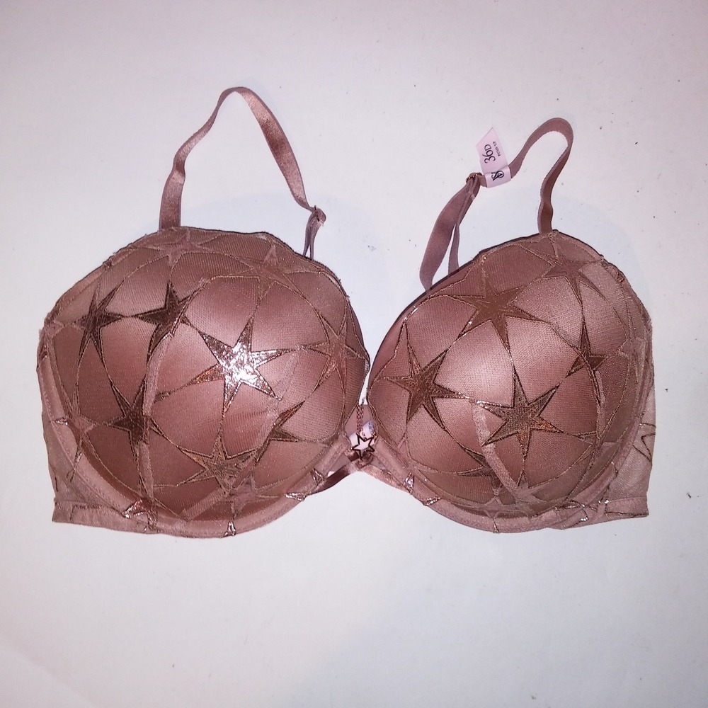 Victoria Secret Bra 36D Bombshell Plunge Beige Gold Metallic Stars Adds 2 Cups